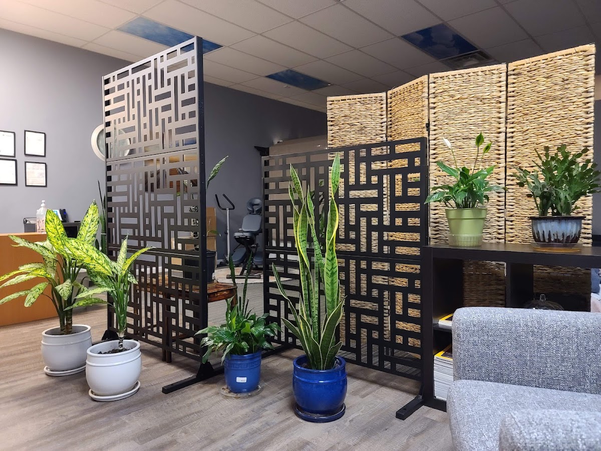 The A+ Massage waiting area with plants, wood floors and soft seating
